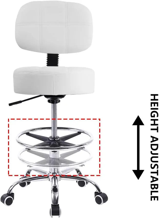 Swivel Round Rolling Stool PU Leather with Adjustable Foot Rest Height Adjustable Task Work Drafting Chair with Back(White)