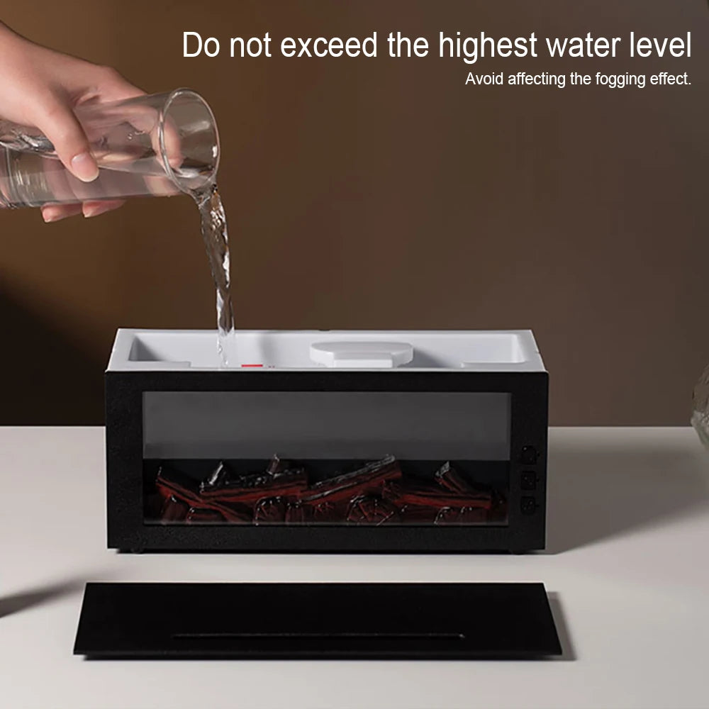 Hand pouring water into a device with text about water level and fogging effect.