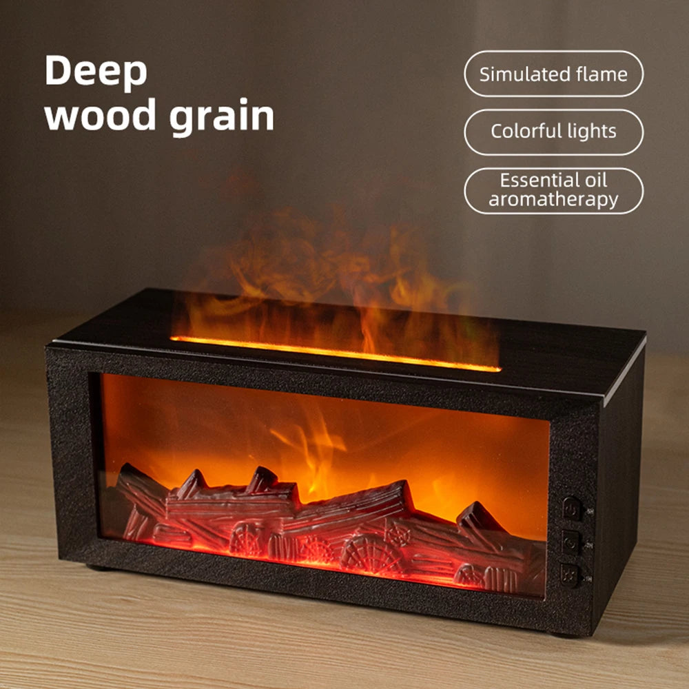 Electric fireplace with simulated flame and colorful lights on a wooden surface.