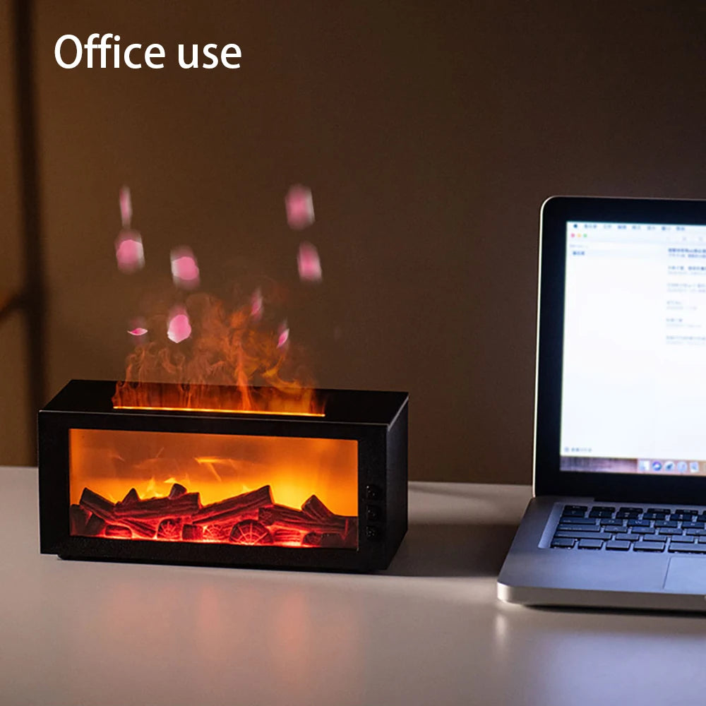 Small electric fireplace on a desk next to a laptop with 'Office use' text above.