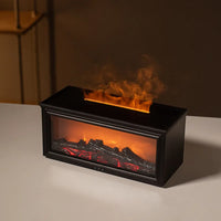 Black electric fireplace insert with glowing flames on a neutral background