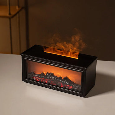 Black electric fireplace insert with glowing flames on a neutral background