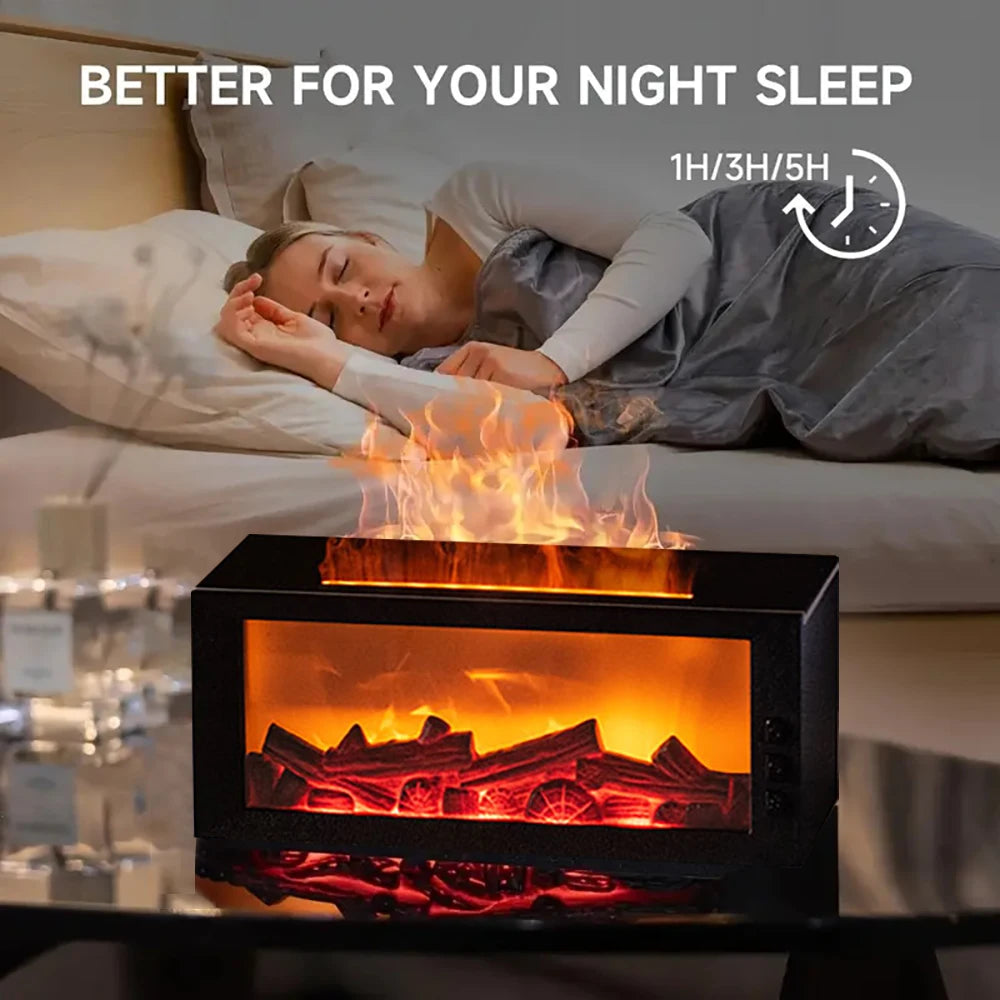 Woman lying in bed with a fireplace-like device on a table next to her, labeled 'Better for Your Night Sleep'.