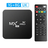 Black electronic device with 'MX 4K 5G PRO' branding and a remote control on a white background.