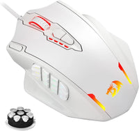 White gaming mouse with red accents and additional buttons on a white background
