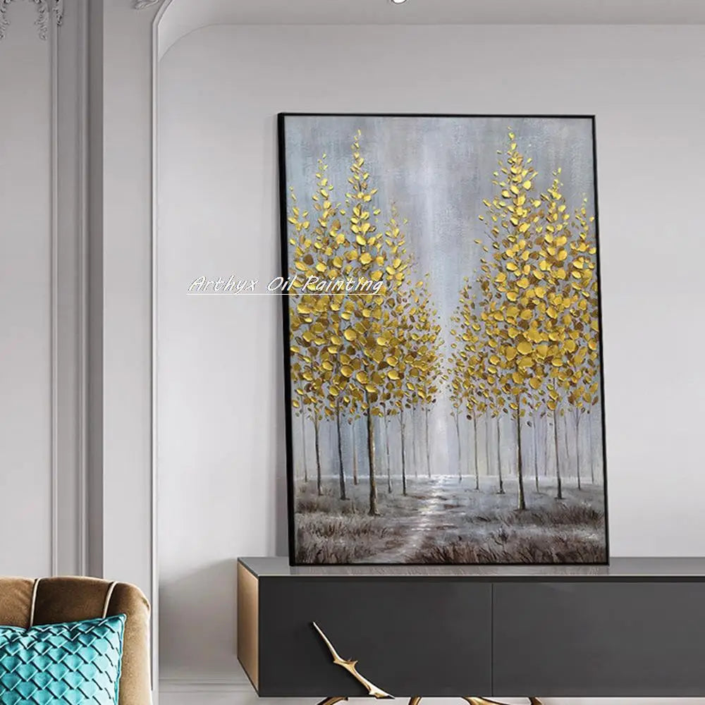 Arthyx,Abstract Texture 3D Gold Tree Landscape Oil Paintings on Canvas,Handmade Wall Art Picture For Living Room Home Decoration