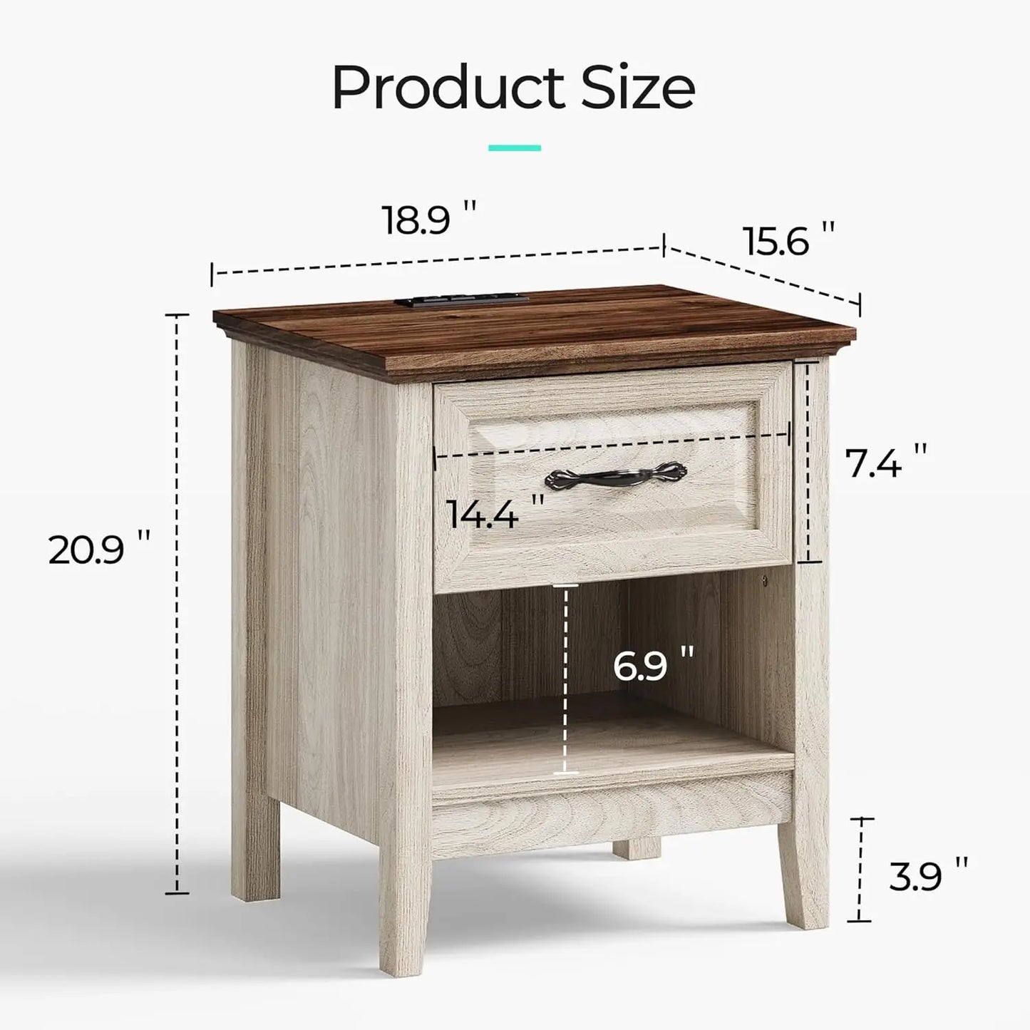 Night Stand 18.9" Farmhouse Wood Night Stand with Type-C Charging Station Open Storage Shelf Nightstands with Drawer Side Table