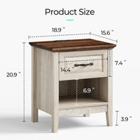 Night Stand 18.9" Farmhouse Wood Night Stand with Type-C Charging Station Open Storage Shelf Nightstands with Drawer Side Table