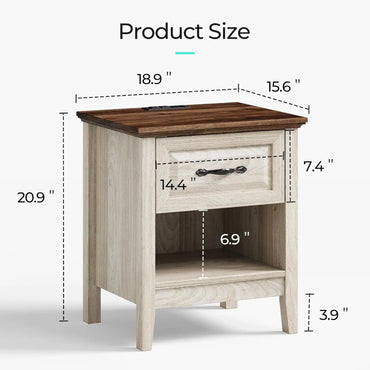 Night Stand 18.9" Farmhouse Wood Night Stand with Type-C Charging Station Open Storage Shelf Nightstands with Drawer Side Table