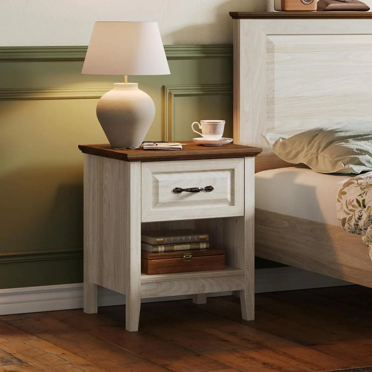 Night Stand 18.9" Farmhouse Wood Night Stand with Type-C Charging Station Open Storage Shelf Nightstands with Drawer Side Table