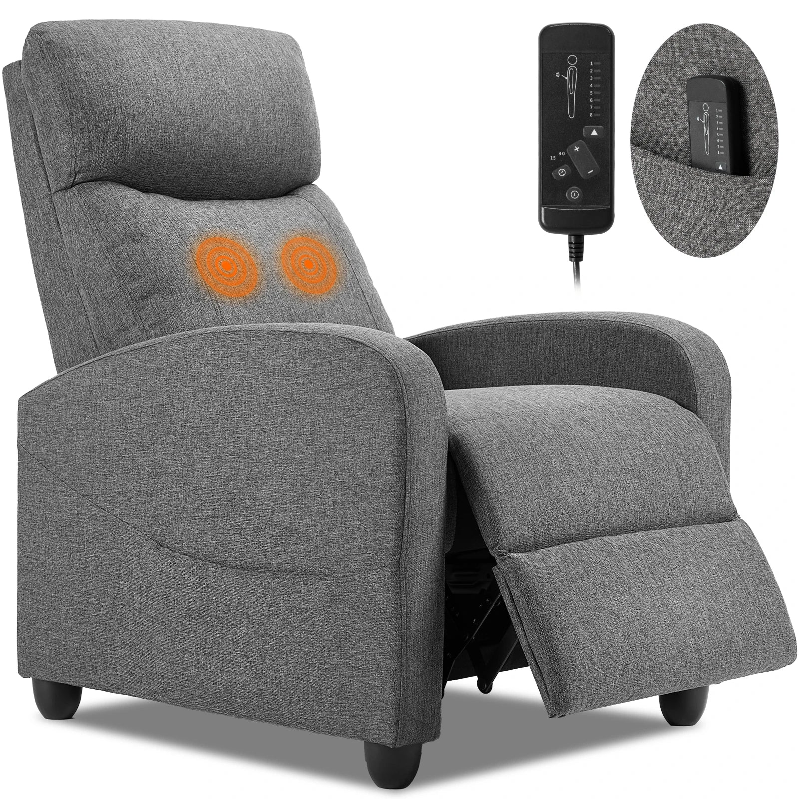 Gray recliner chair with heating pads and remote control on a white background