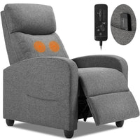 Gray recliner chair with heating pads and remote control on a white background