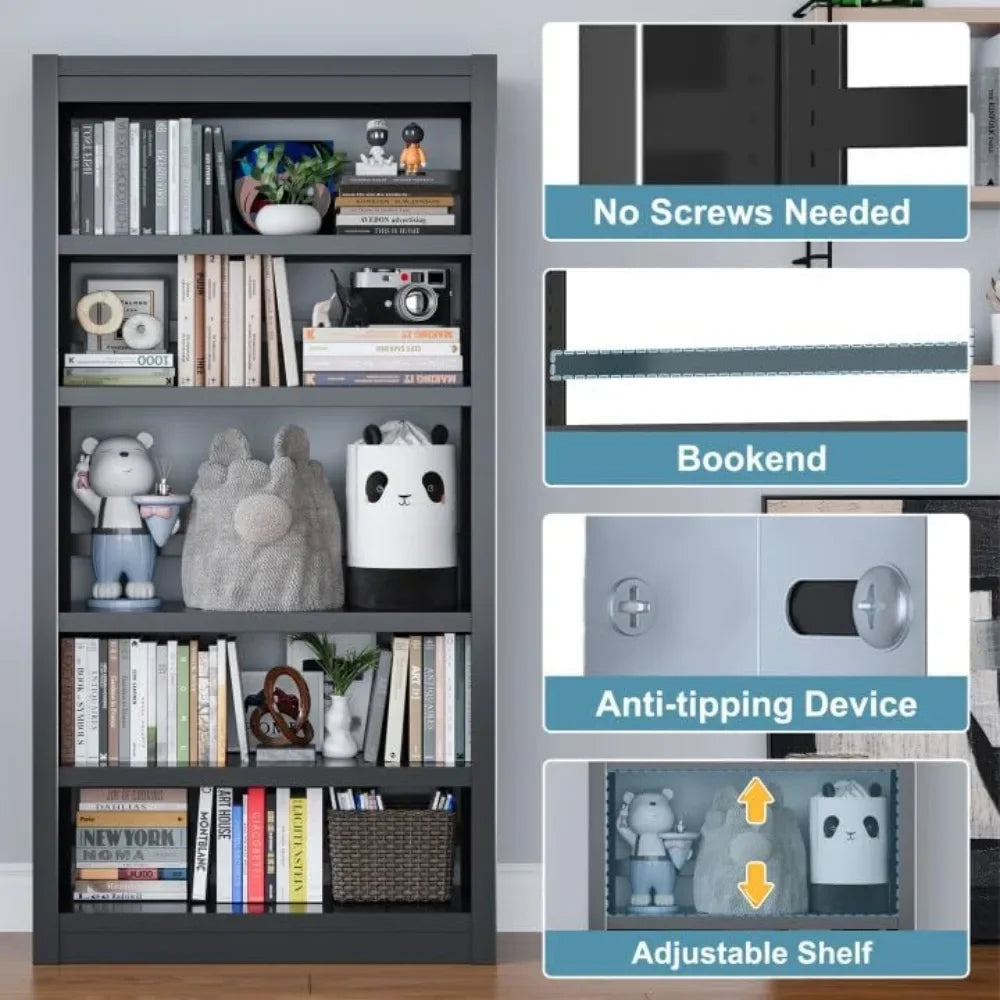 Bookshelf with books and decorative items, featuring 'No Screws Needed' and 'Anti-tipping Device' features.