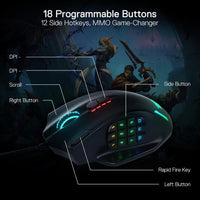 Gaming mouse with labeled buttons and features on a dark background