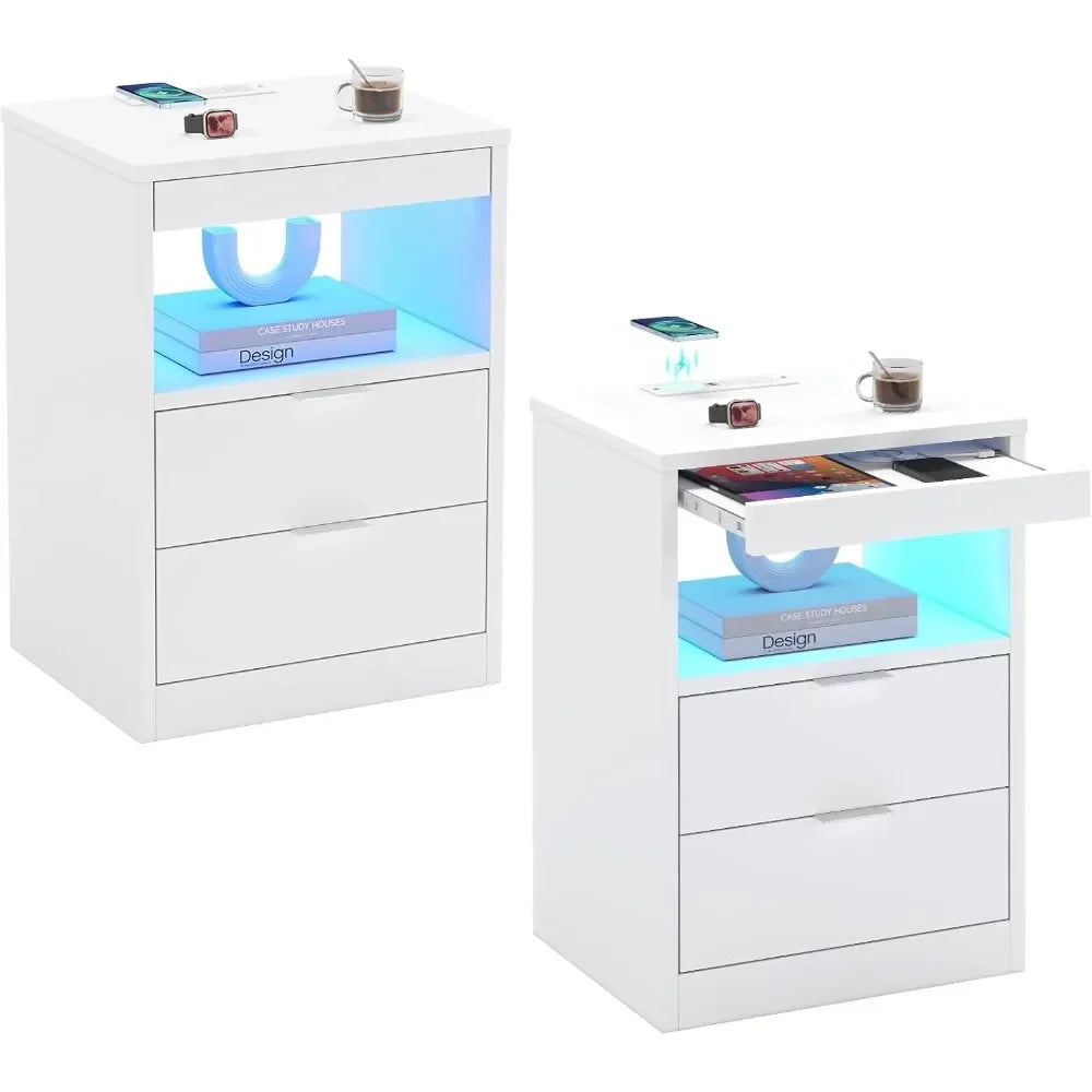 LED Nightstands  Nightstand with Wireless Charging Station 2 Drawers, Modern Bedroom End Side Table with LED Lights