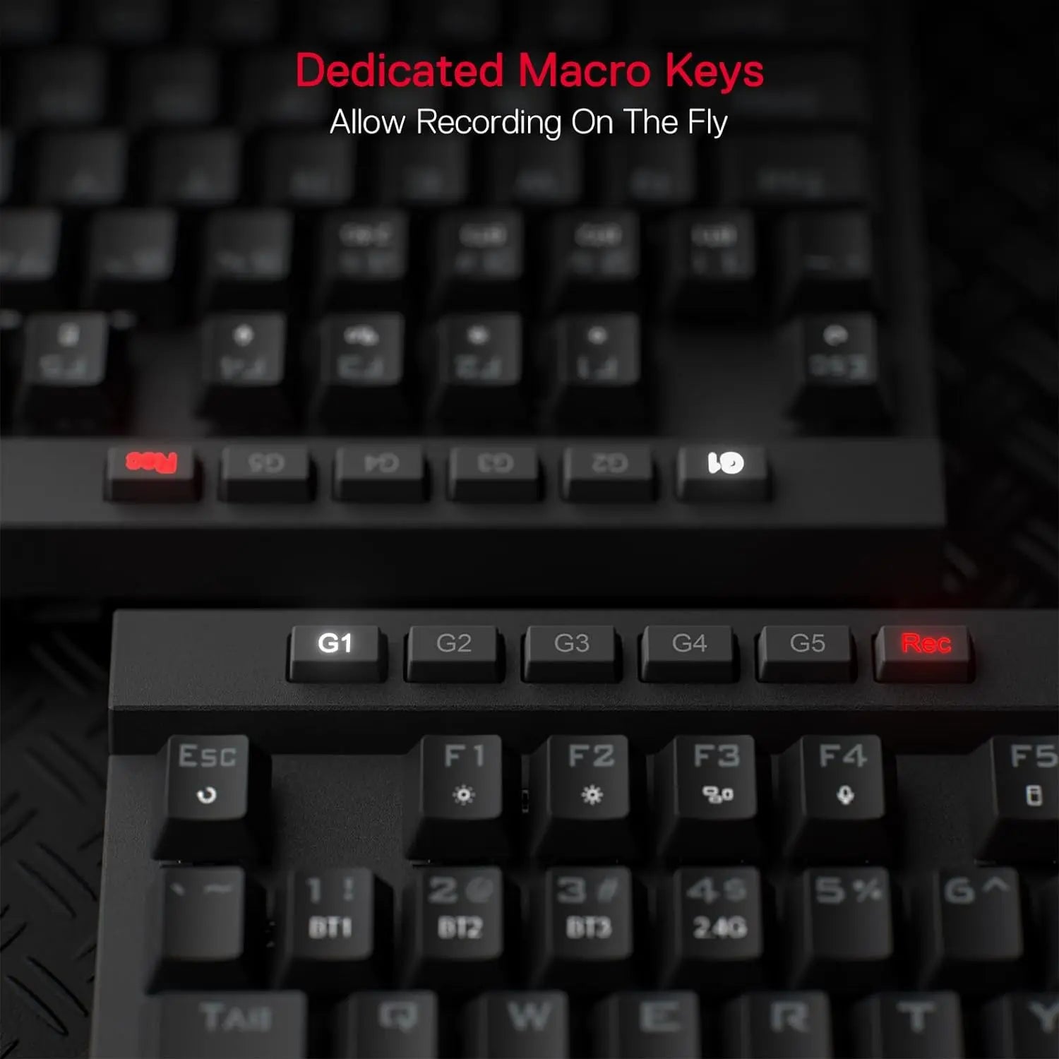 Close-up of a mechanical keyboard with macro keys highlighted
