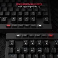 Close-up of a mechanical keyboard with macro keys highlighted