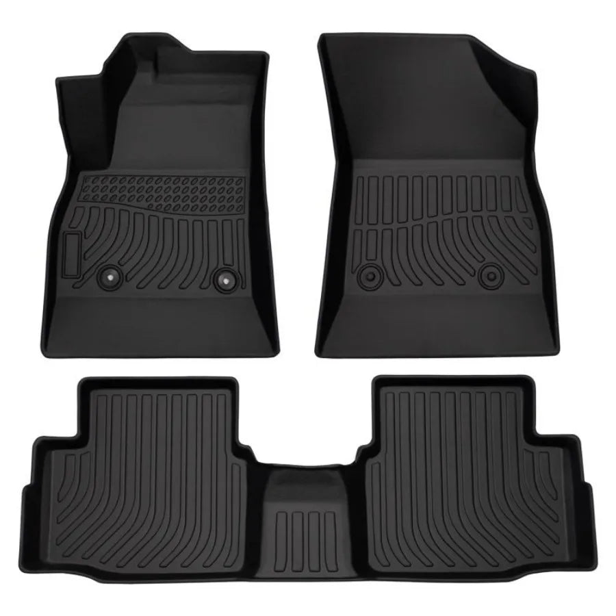 Set of four black car floor mats on a white background