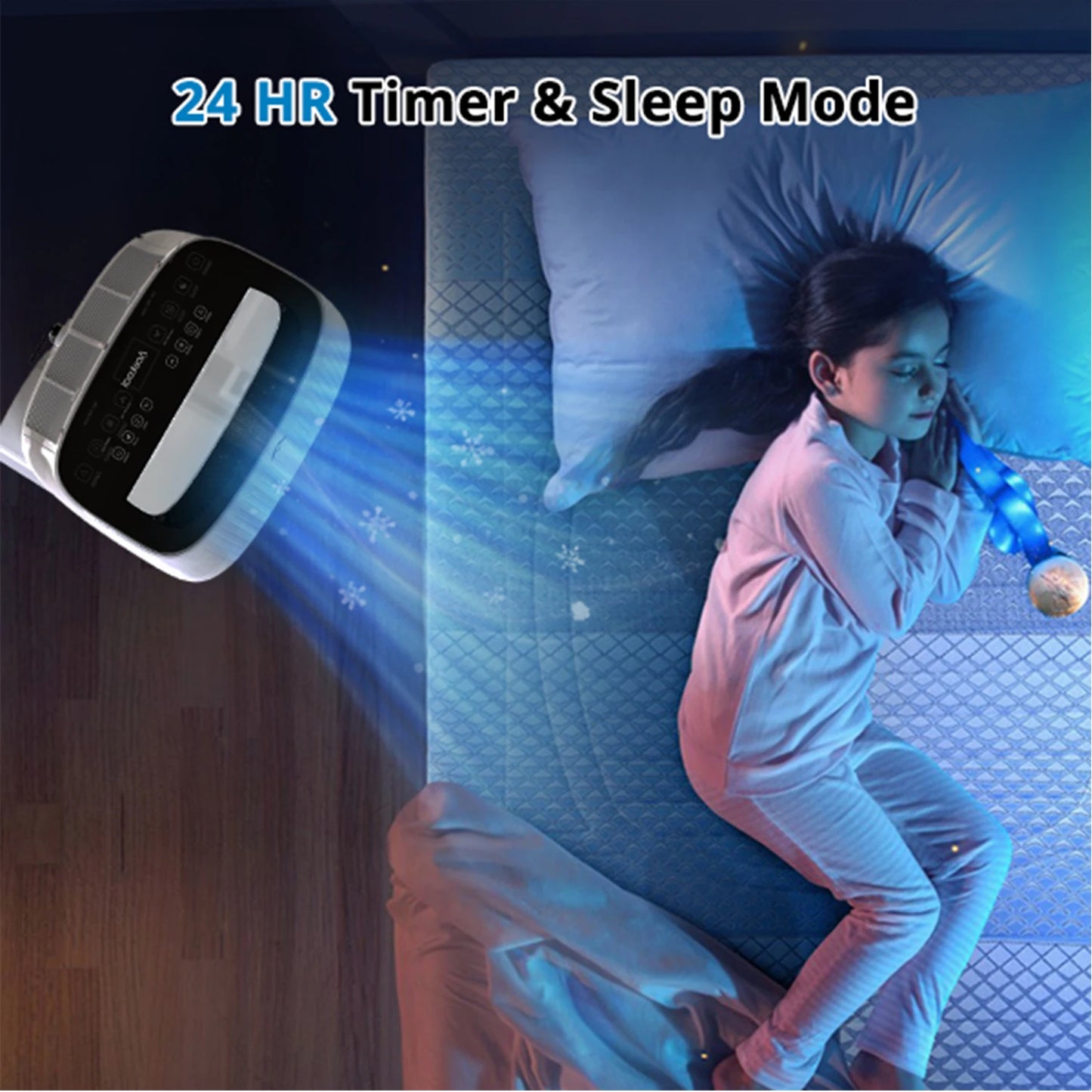 Air purifier with 24-hour timer and sleep mode, shown with a person using it in a bedroom.
