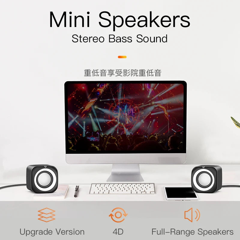 Desktop Wired USB Computer Dual Speaker for Laptop PC Phone 4D Suround Stereo Subwoofer AUX Playback Deep Bass Sound Loudspeaker