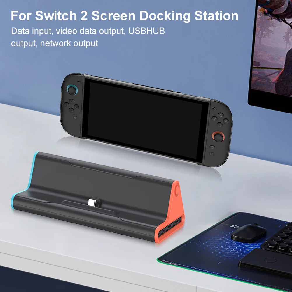 Docking station for Switch 2 screen with additional accessories on a desk.