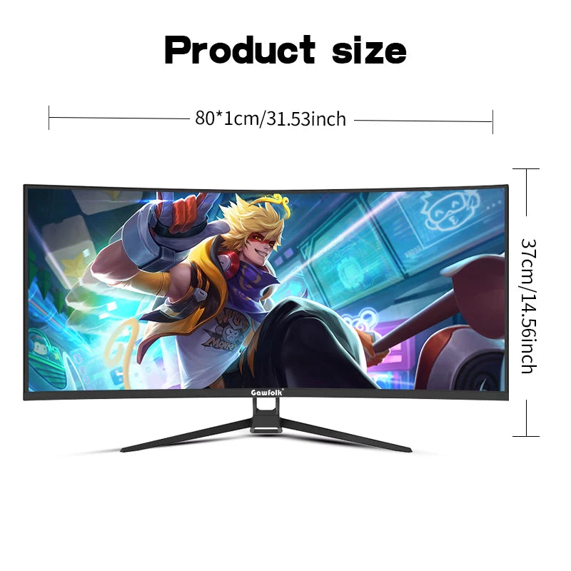 Gaming monitor with dimensions displayed on a white background