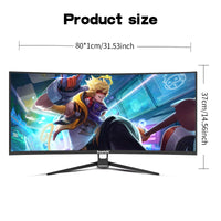 Gaming monitor with dimensions displayed on a white background