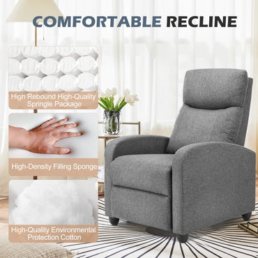 Gray recliner chair with comfort features highlighted in a living room setting