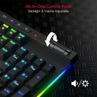Gaming keyboard with an all-in-one control knob for backlight and volume adjustment on a dark textured background.