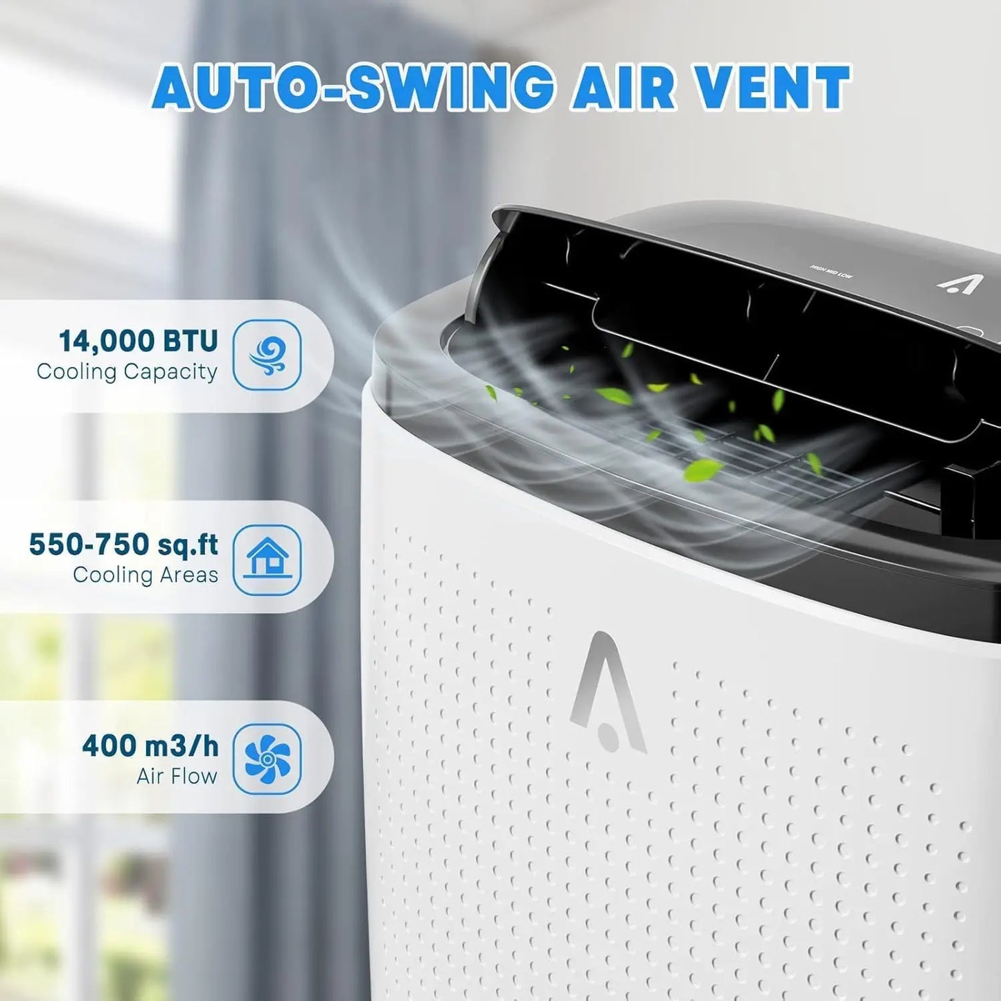 Air conditioner with auto-swing air vent and specifications displayed.