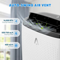 Air conditioner with auto-swing air vent and specifications displayed.