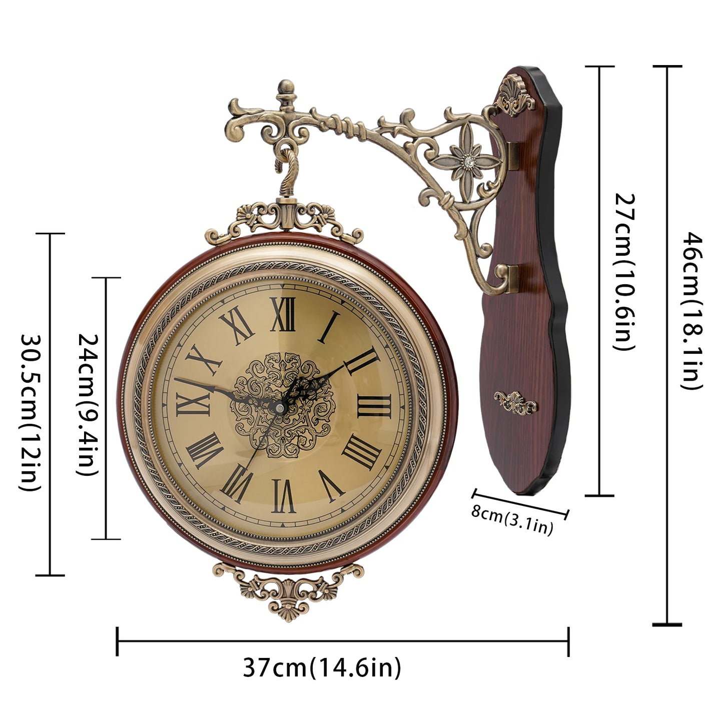 Double-Sided Vintage Wall Clock, 12" Silent Sweep Movement with 360° Rotating Design for Living Room & Office (Brown/Gold)