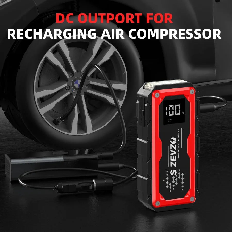 S ZENZU power bank with DC output for recharging air compressor next to a car tire.