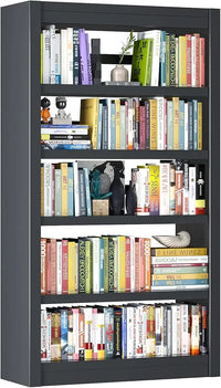Bookshelf filled with books and decorative items against a black background