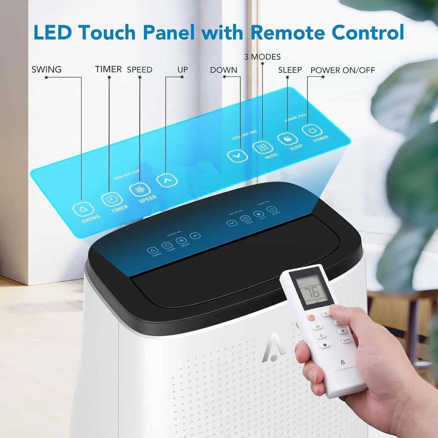 Air conditioner with auto-swing air vent and specifications displayed.