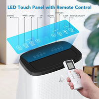 Air conditioner with auto-swing air vent and specifications displayed.