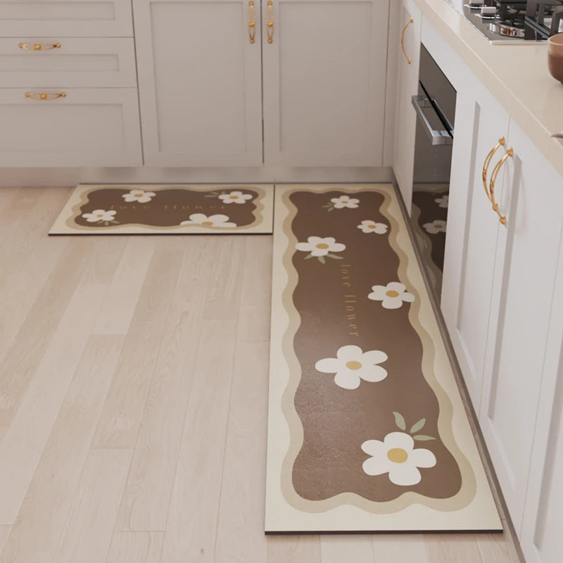 Floral Kitchen Floor Mat Non-Slip Oil Resistant Carpet Diatomaceous Mud Absorbent Foot Mat Home Decoration