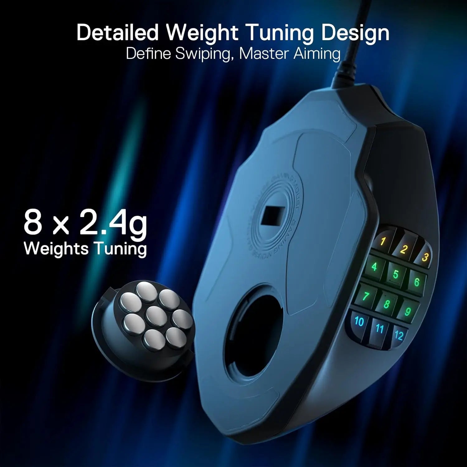 Gaming mouse with weight tuning design on a dark background