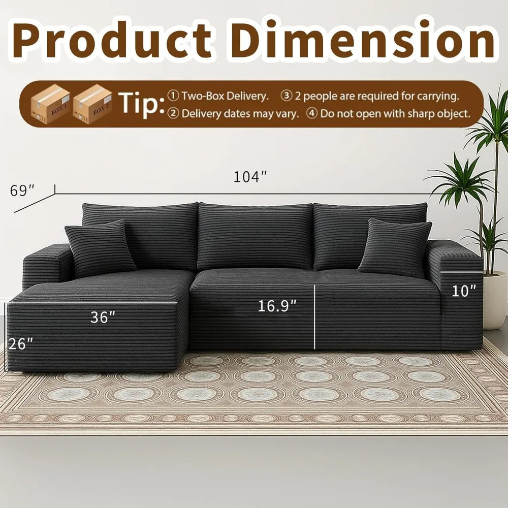 Black sectional sofa with dimensions labeled on a neutral background
