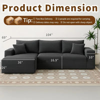 Black sectional sofa with dimensions labeled on a neutral background