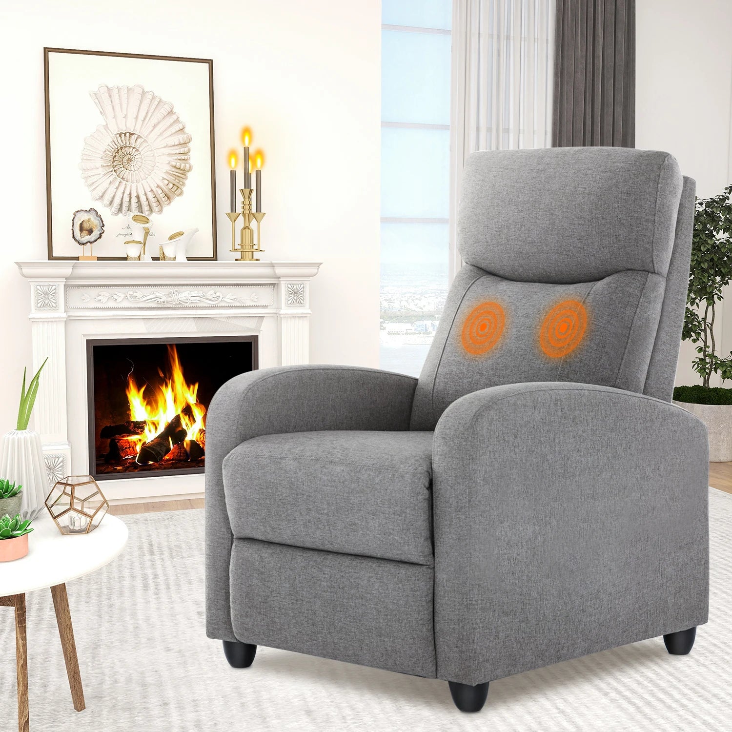Gray recliner chair with orange circular accents in a living room setting.