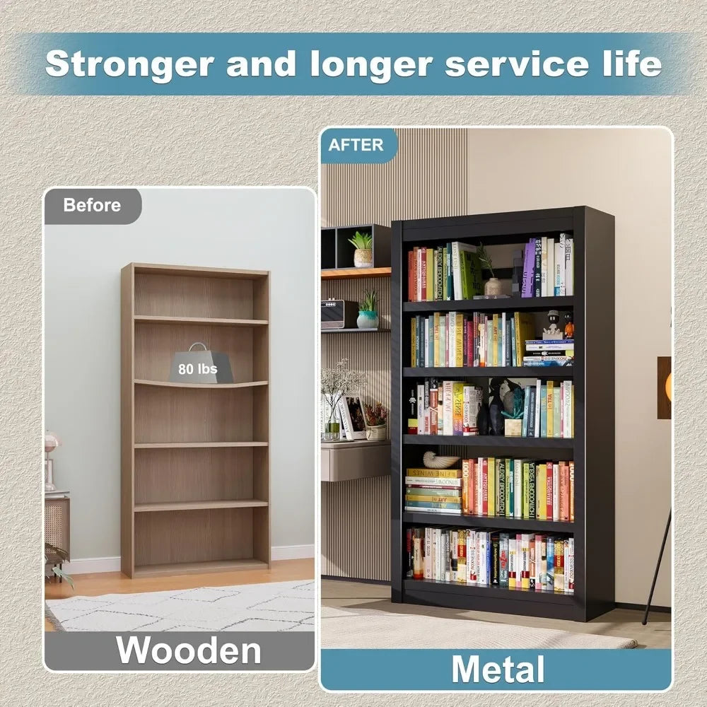 Comparison of a wooden bookshelf labeled 'Before' with a metal bookshelf labeled 'After' filled with books and decor items.