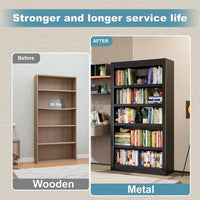 Comparison of a wooden bookshelf labeled 'Before' with a metal bookshelf labeled 'After' filled with books and decor items.