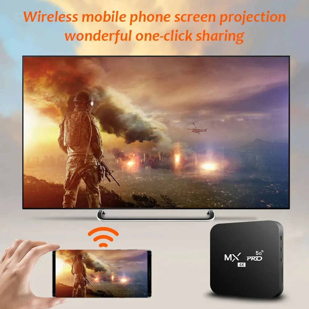 Wireless phone screen projection device with TV displaying a movie scene and smartphone showing the same.