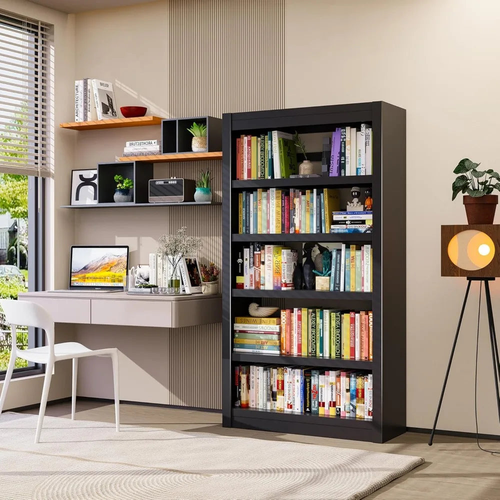 Modern home office with a desk, bookshelf, and decorative items.