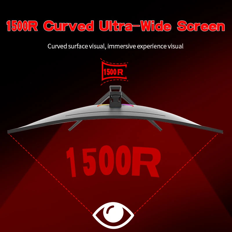 1500R curved ultra-wide screen with red text on a dark background