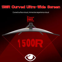 1500R curved ultra-wide screen with red text on a dark background