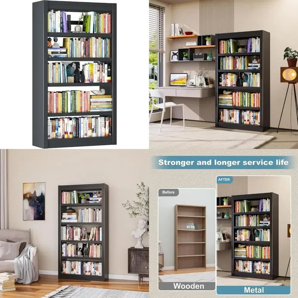 Collage of bookshelves in different rooms with text about material strength.