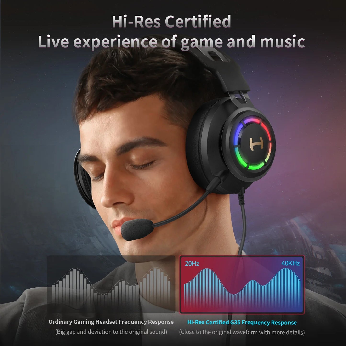Edifier G35 PC Gaming Headset USB Over-Ear Headphone with 7.1 Hi-Res Surrounding Sound RGB Light for PC PS4 Gaming Accessories