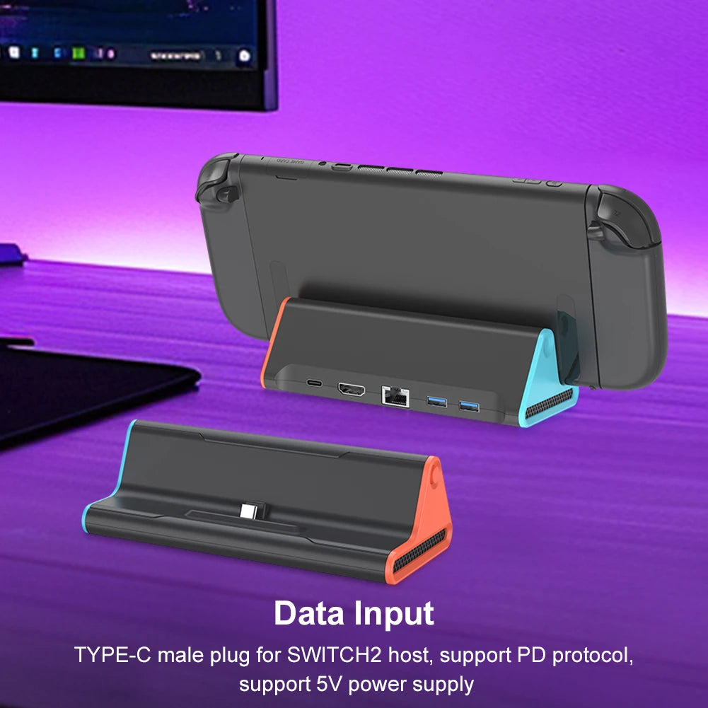 Gaming console dock with data input features on a purple surface